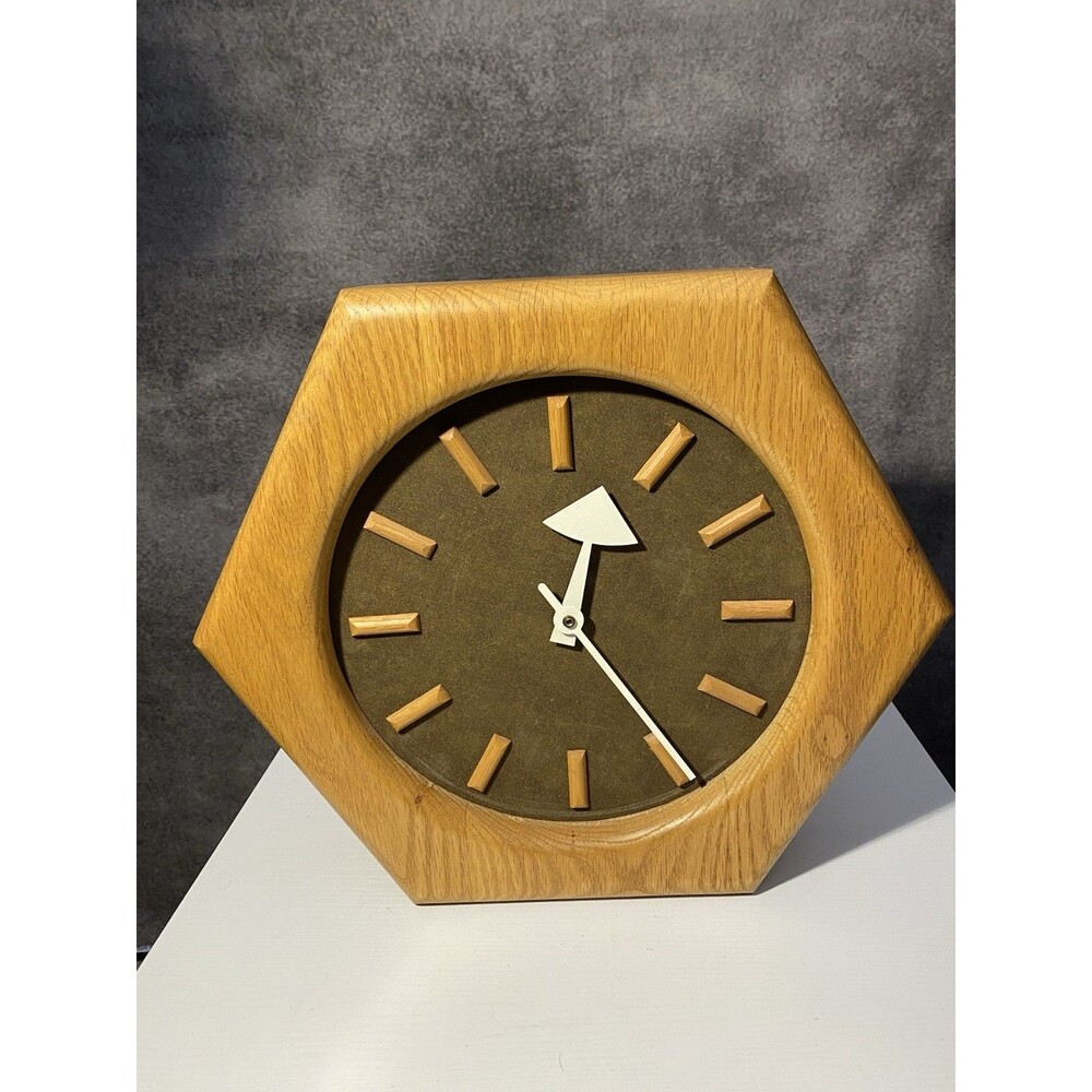 Vintage Howard Miller Hexagon Wall Clock 682-604 Mid Century Oak Wood Fabric 14"